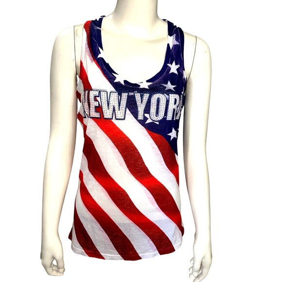 Sweet Gisele XLG American Flag Tank Top New York Rhinestone City Street Glam POP - Picture 2 of 12